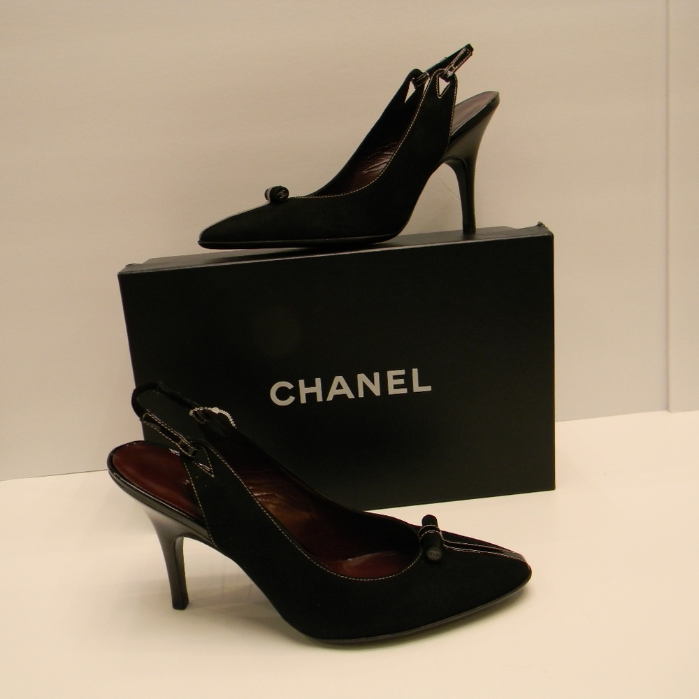 NEW RARE Chanel suede heeled slingbacks 37.5, 7.5